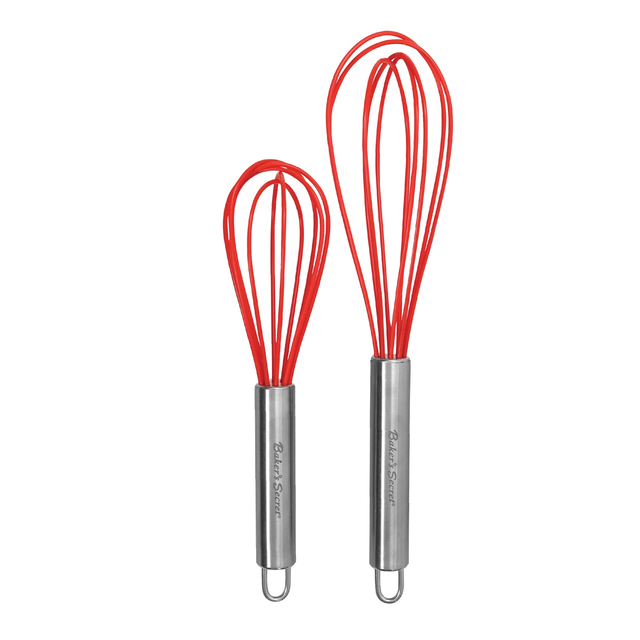 Baker's Secret Silicone Whisks 8" 10" Set of 2, Heat Resistant, Stainless Steel Handles, kitchen utensil set for Baking Cooking, Ballon Whisks Set - Red